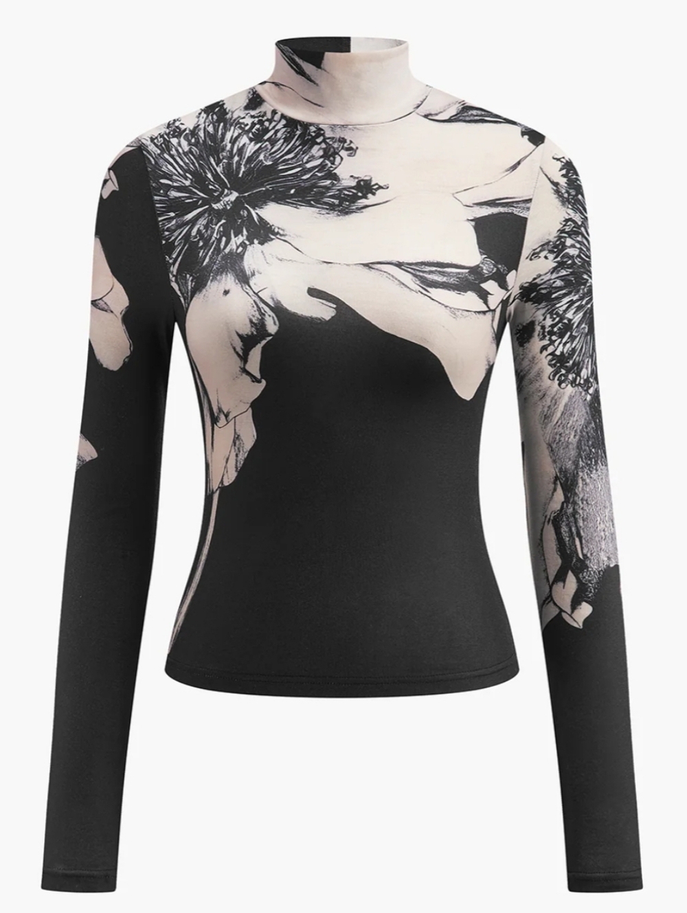 Commense Black and Cream Floral High Neck Long Sleeve Top